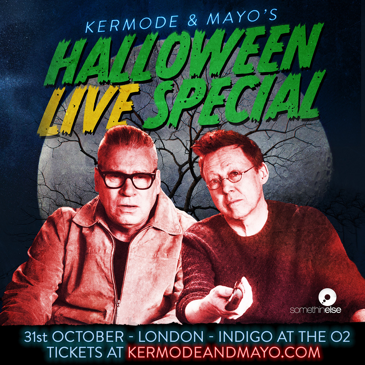 Mark Kermode and Simon Mayo pictured against a spooky full moon in the style of a classic horror movie poster