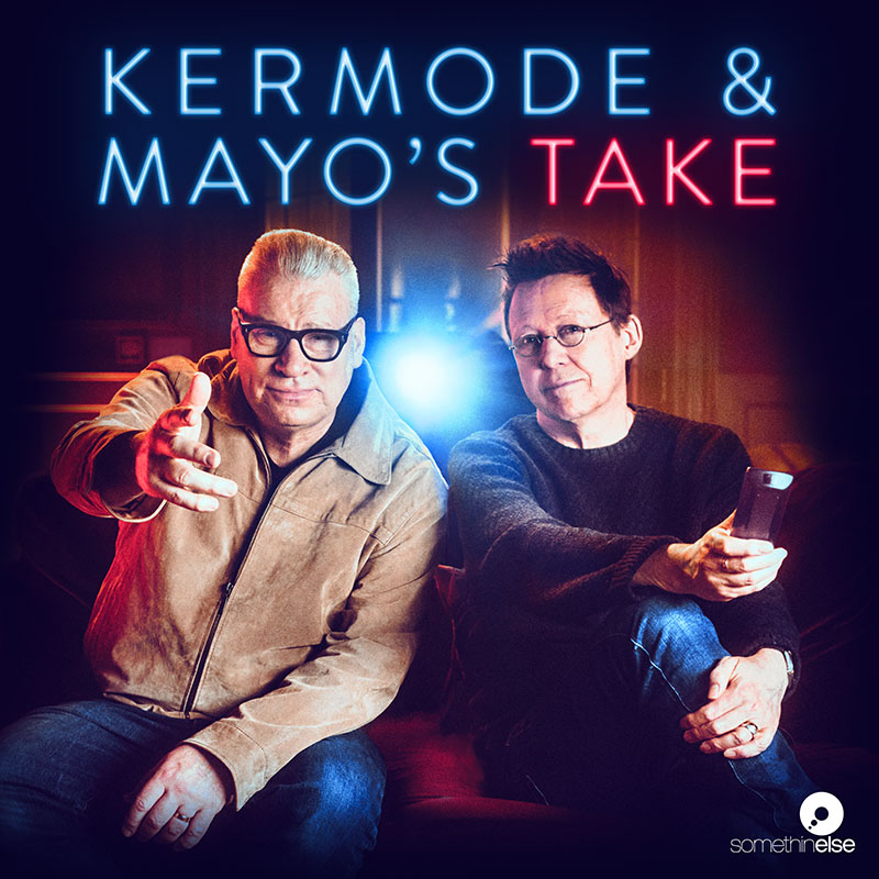 Mark Kermode and Simon Mayo sitting in front of a projector